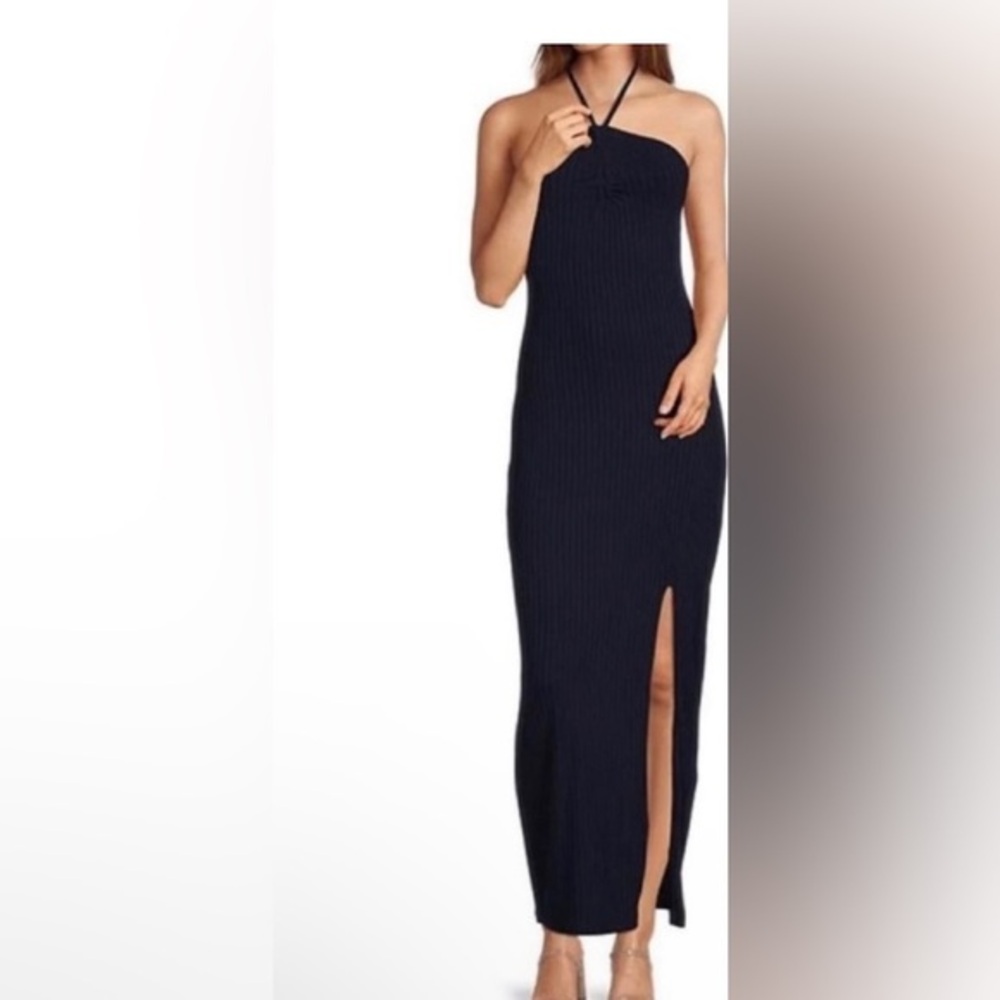 1. STATE Halter High Slit Maxi Dress Ribbed Knit Navy Blue Sz L NWT